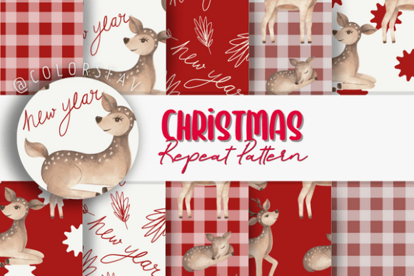 Christmas Deer Digital Paper Pack Red
